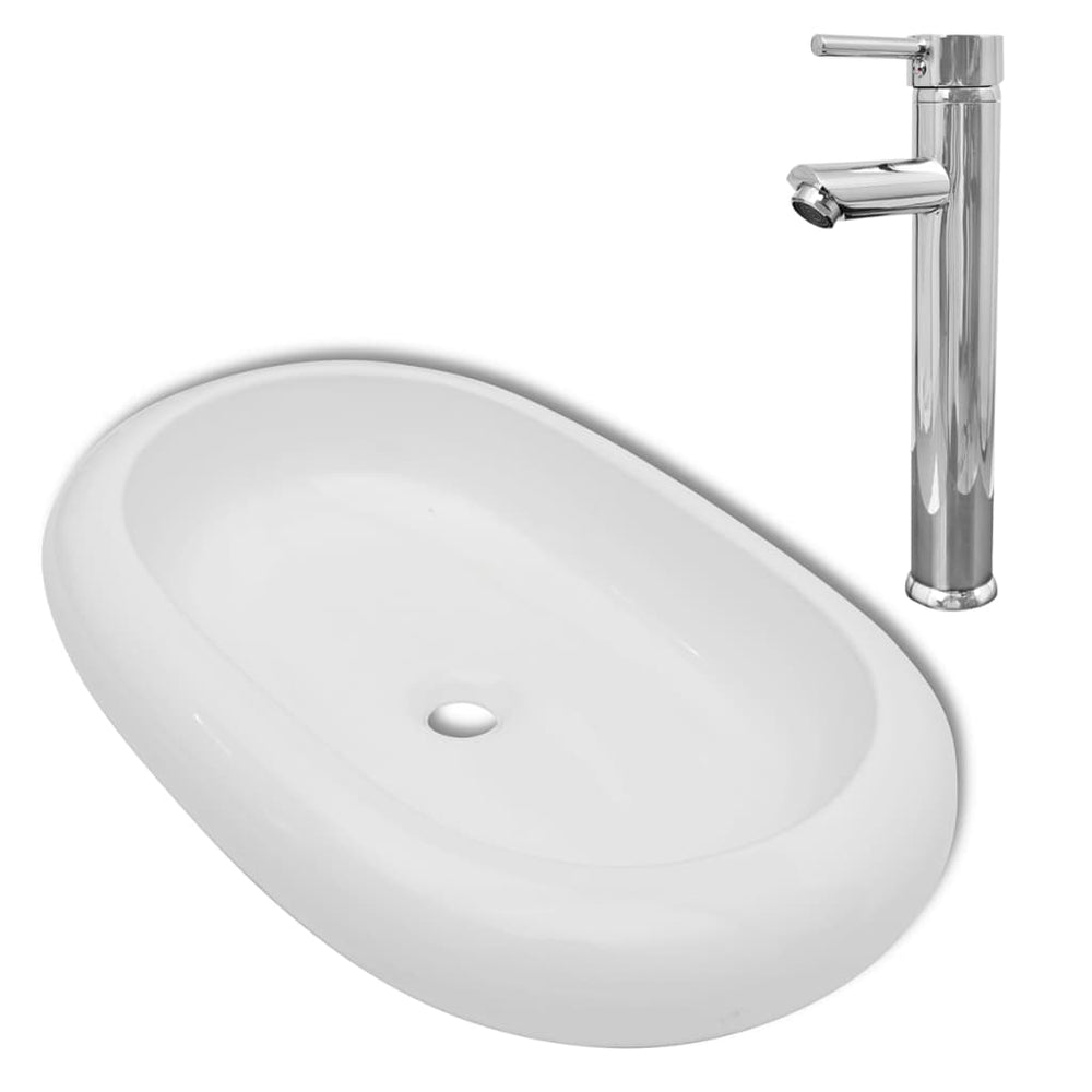 Chiuvetă De Baie Cu Robinet Mixer, Ceramic, Oval, Alb