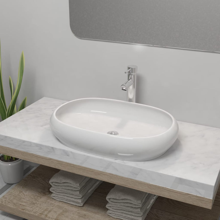 Chiuvetă De Baie Cu Robinet Mixer, Ceramic, Oval, Alb
