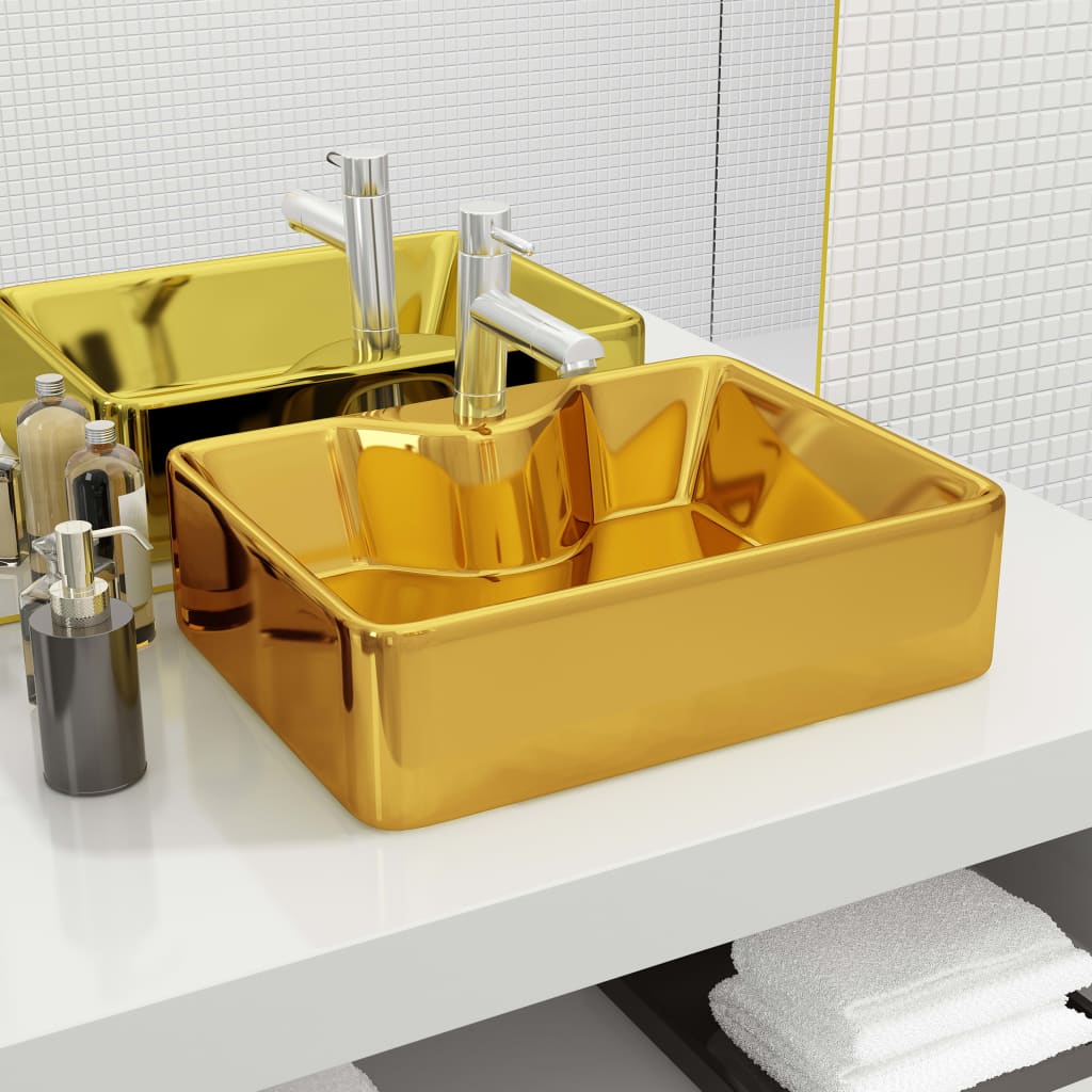 Chiuvetă De Baie Pătrată Din Ceramică Cu Gaură Pentru Robinet,