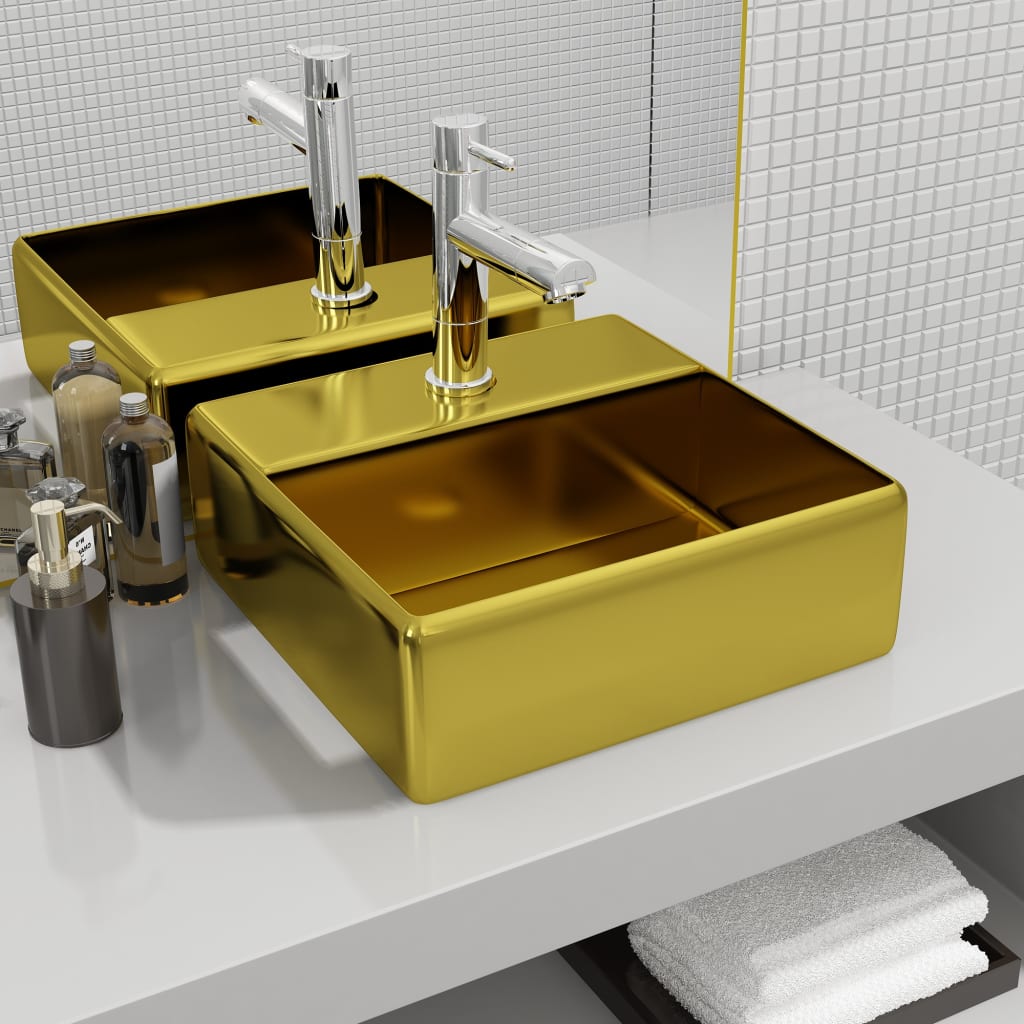 Chiuvetă De Baie Pătrată Din Ceramică Cu Gaură Pentru Robinet,