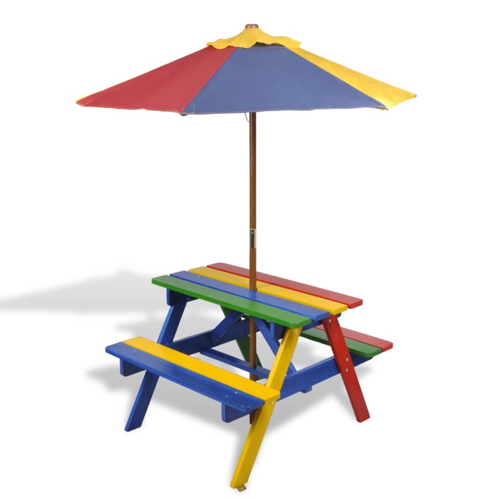 Masă De Picnic Pentru 4 Copii, Cu Umbrelă, Lemn Masiv Brad