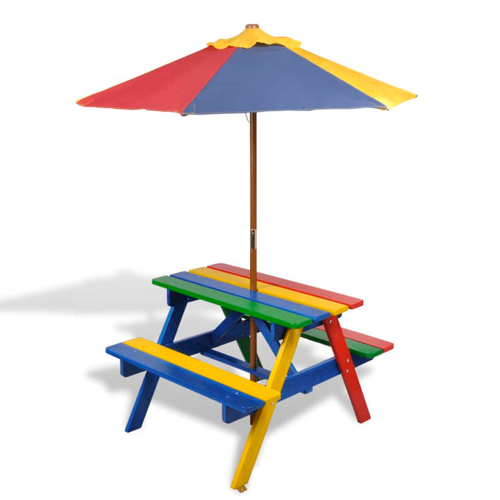 Masă De Picnic Pentru 4 Copii, Cu Umbrelă, Lemn Masiv Brad