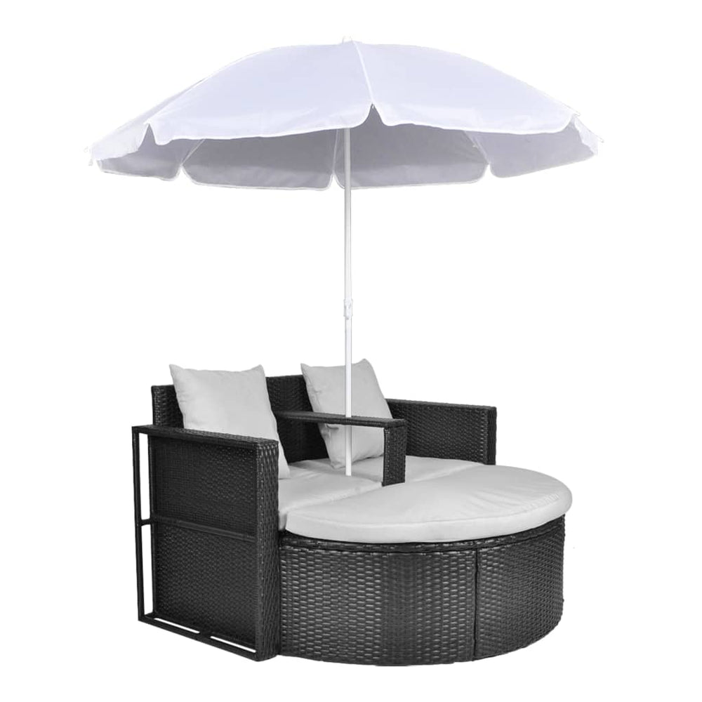 Pat De Grădină Cu Umbrelă De Soare, Negru, Poliratan