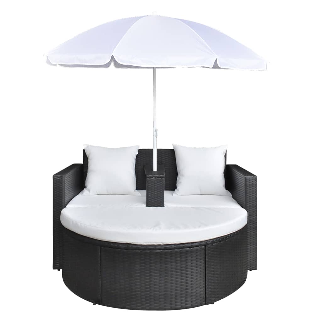 Pat De Grădină Cu Umbrelă De Soare, Negru, Poliratan