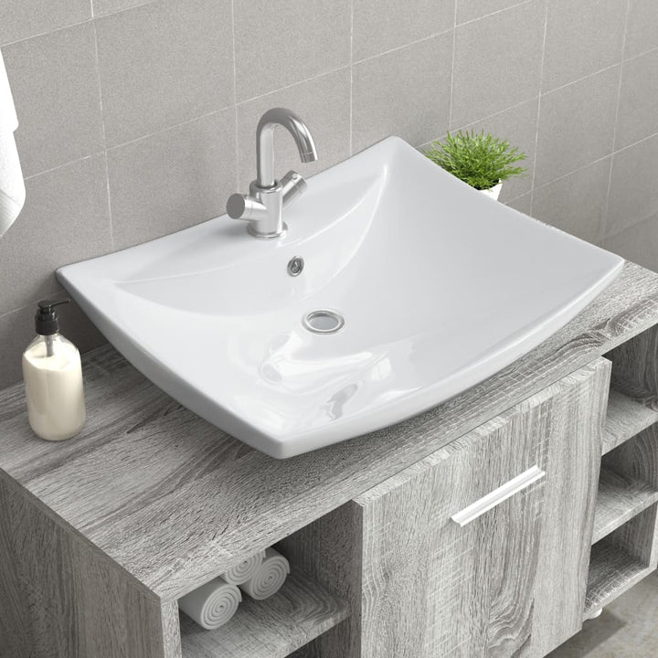 Chiuvetă Dreptunghiulară Cu Preaplin & Gaură Robinet, Ceramică
