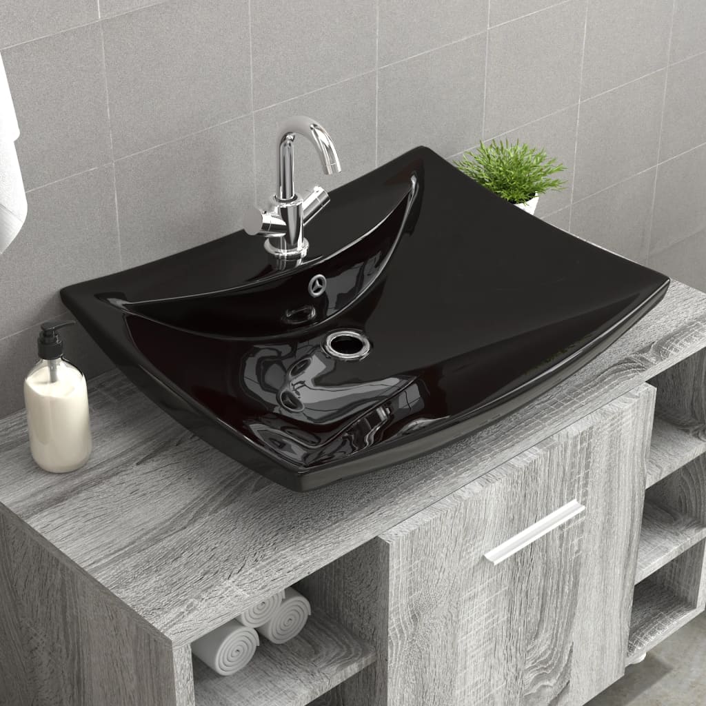 Chiuvetă Dreptunghiulară Cu Preaplin & Gaură Robinet, Ceramică