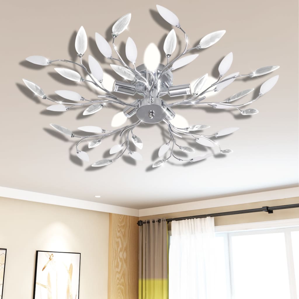 Plafoniera Ă/Albă Brațe Frunze Cristal Acrilic 5 Becuri E14