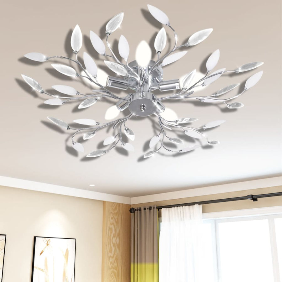Plafoniera Ă/Albă Brațe Frunze Cristal Acrilic 5 Becuri E14