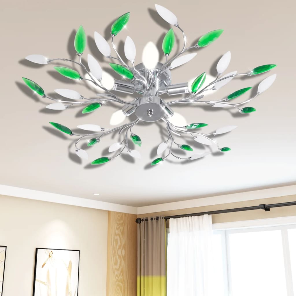 Plafoniera /Albă, Cu Brațe Frunze Cristal Acrilic, 5 Becuri E14