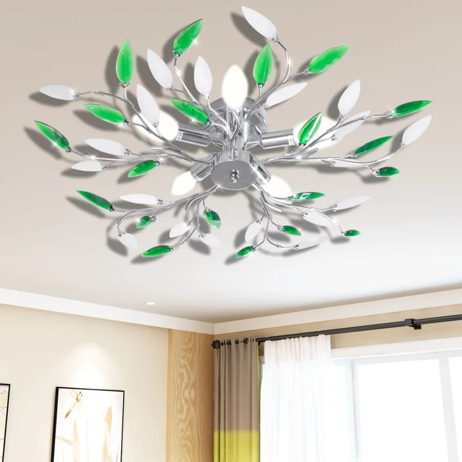 Plafoniera /Albă, Cu Brațe Frunze Cristal Acrilic, 5 Becuri E14