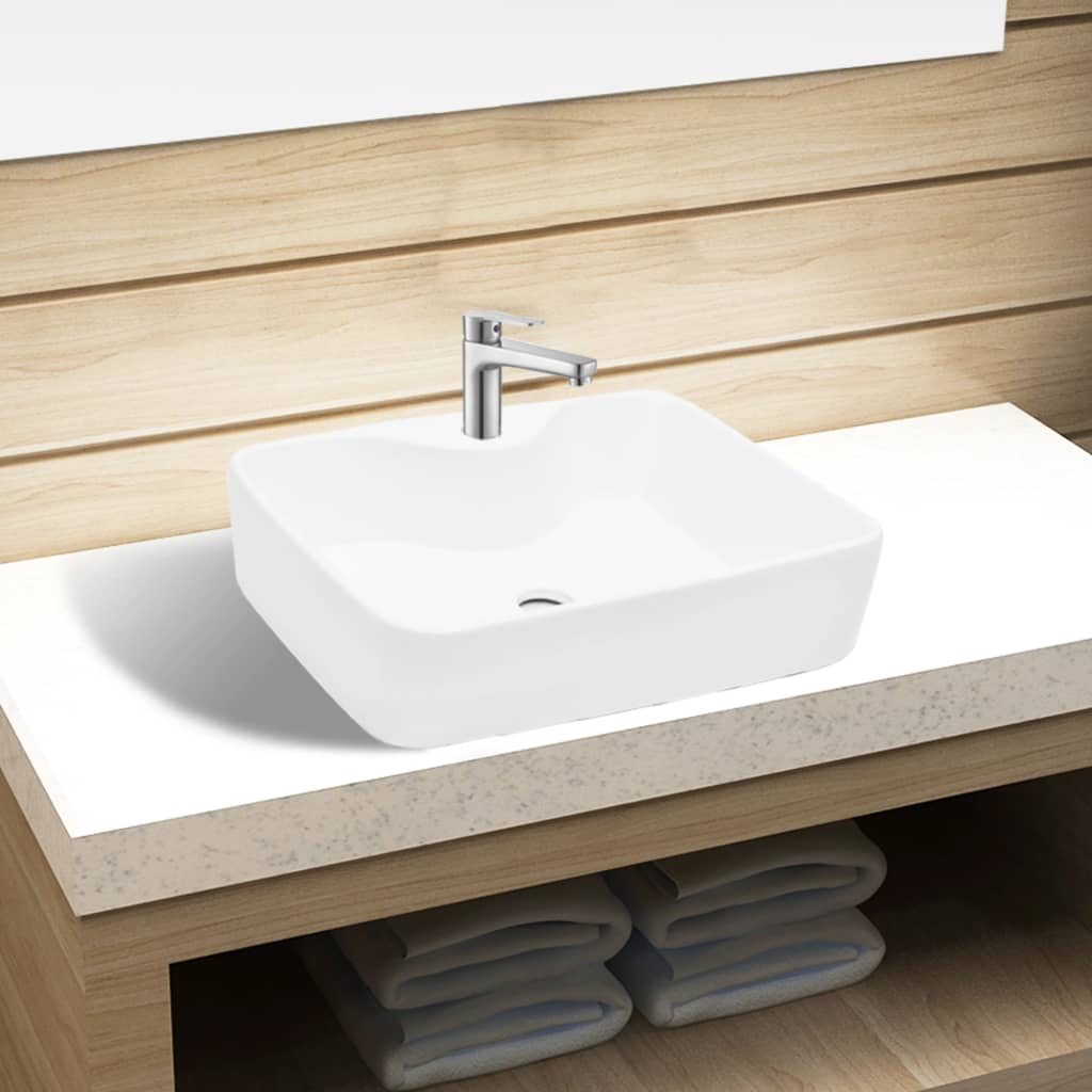 Chiuvetă De Baie Pătrată Din Ceramică Cu Gaură Pentru Robinet,