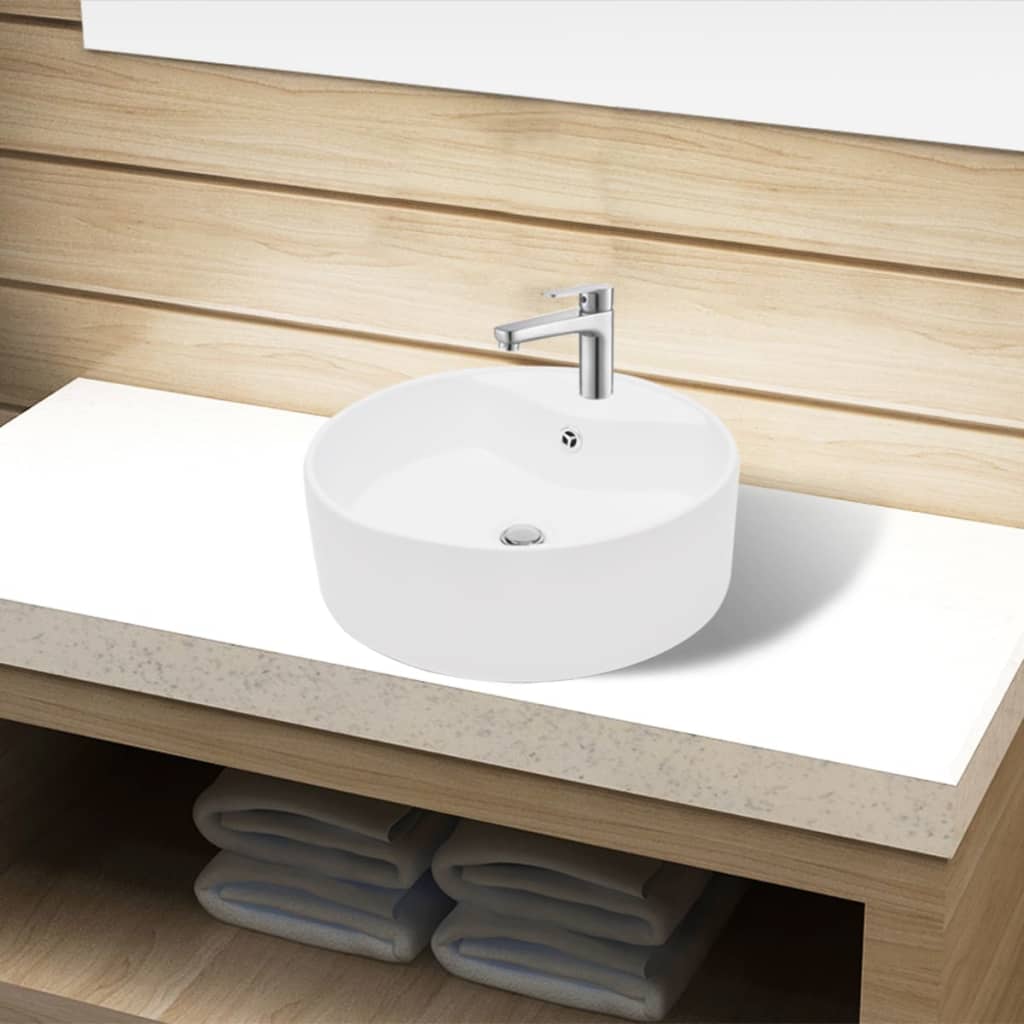 Bazin Chiuvetă Ceramică Baie Cu Gaură Robinet/Preaplin, Rotund,