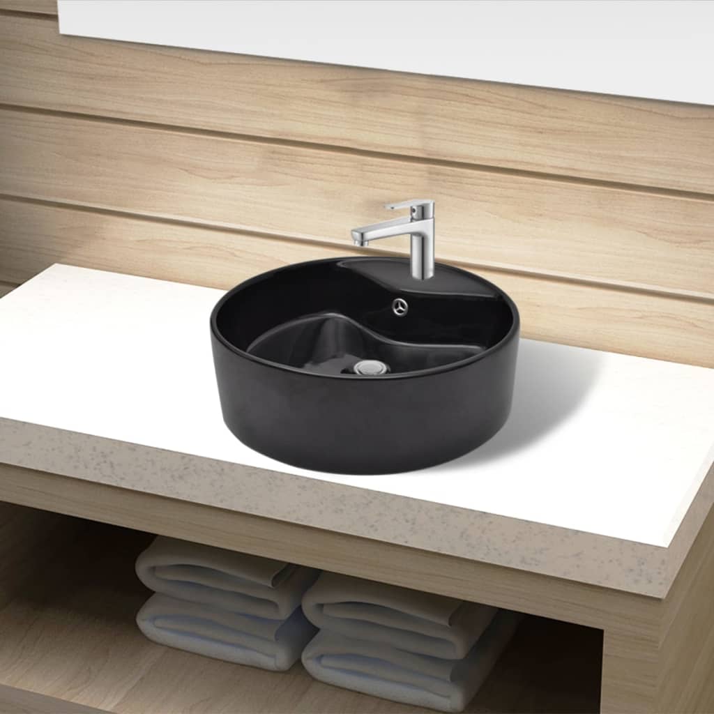 Bazin Chiuvetă Ceramică Baie Cu Gaură Robinet/Preaplin, Rotund,