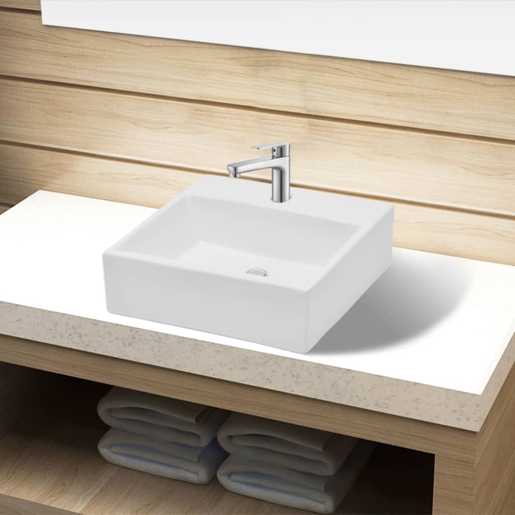 Chiuvetă De Baie Pătrată Din Ceramică Cu Gaură Pentru Robinet,