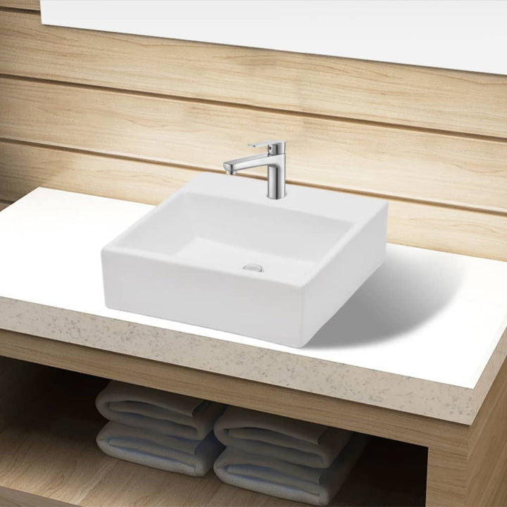 Chiuvetă De Baie Pătrată Din Ceramică Cu Gaură Pentru Robinet,