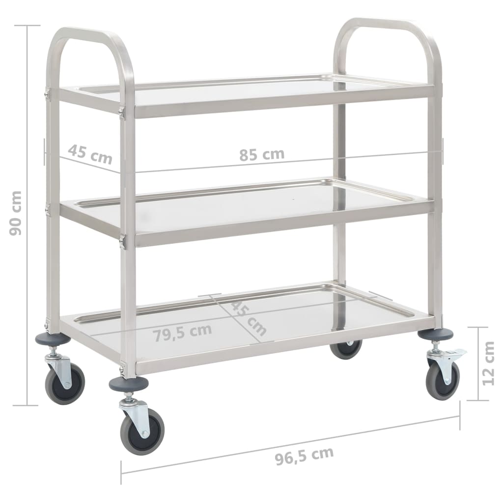 Cărucior De Bucătărie 3 Niveluri 96,5X55X90 Cm Oțel Inoxidabil