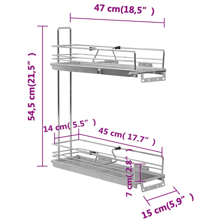 Coș Sârmă Bucătărie Retractabil 2 Rafturi Argintiu 47X15X54,5Cm