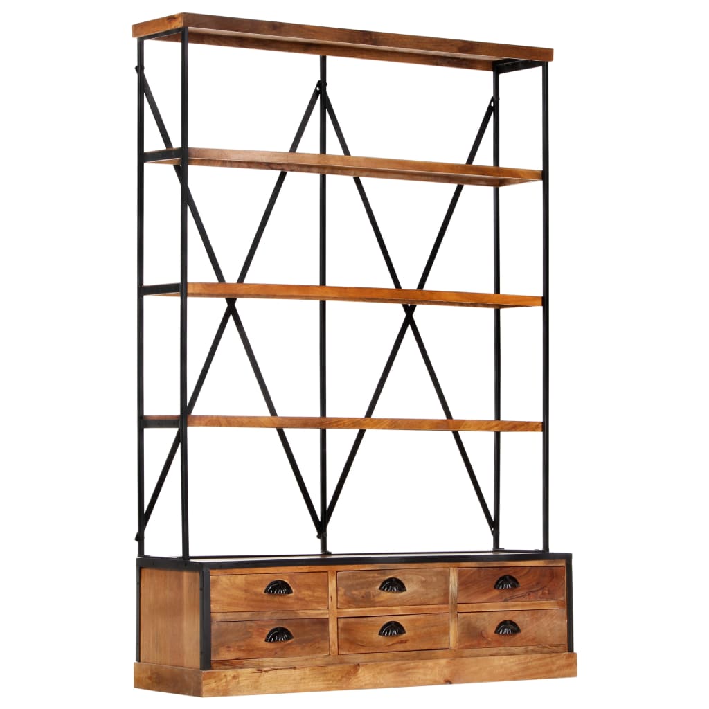 Bibliotecă 4 Rafturi 6 Sertare 122X36X181 Cm Lemn Masiv Mango