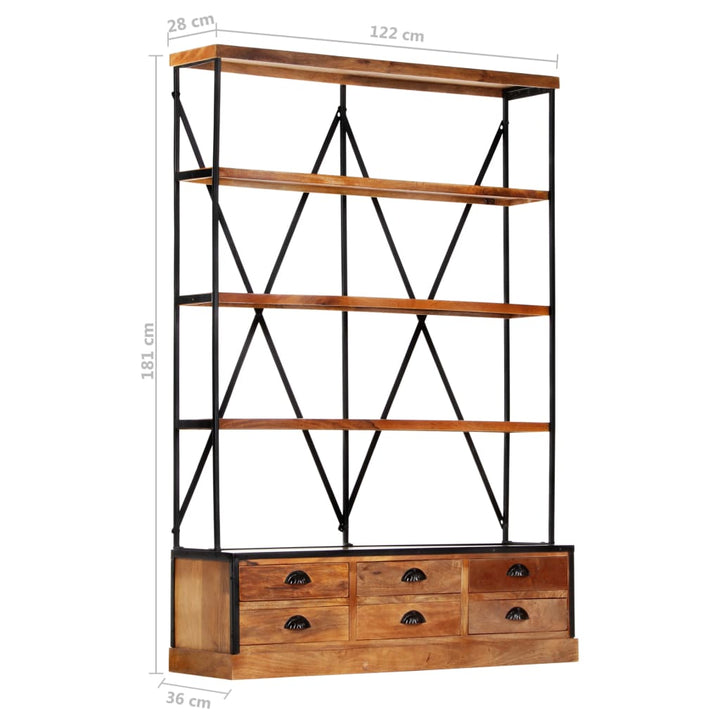 Bibliotecă 4 Rafturi 6 Sertare 122X36X181 Cm Lemn Masiv Mango