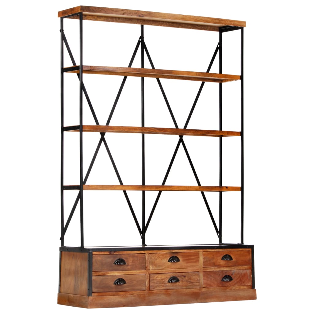 Bibliotecă 4 Rafturi 6 Sertare 122X36X181 Cm Lemn Masiv Mango