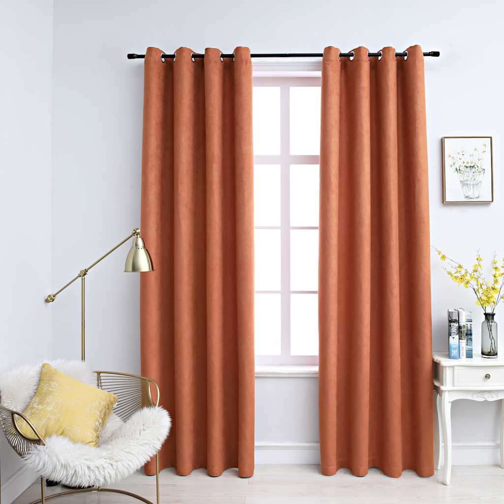 Draperii Opace Cu Inele Metalice, 2 Buc., Ruginiu,