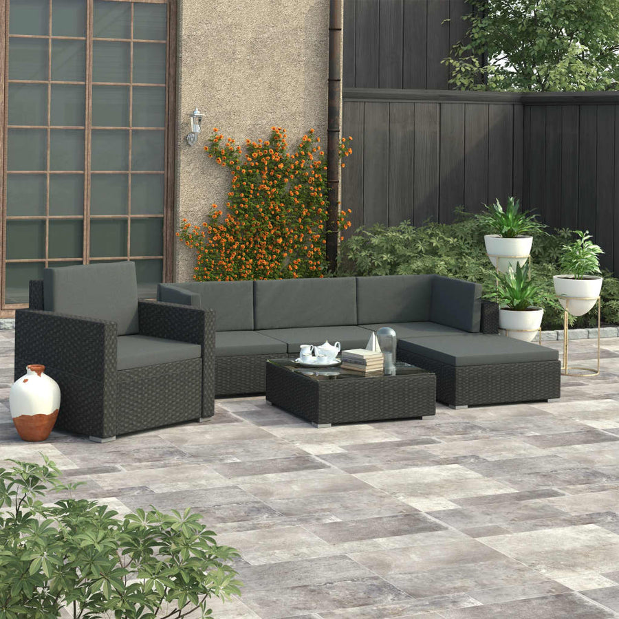 Set Mobilier De Grădină Cu Perne, 6 Piese, Negru, Poliratan