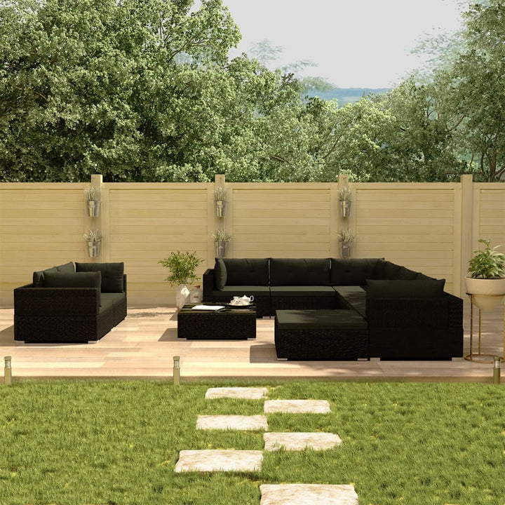 Set Mobilier De Grădină Cu Perne, 10 Piese, Negru, Poliratan