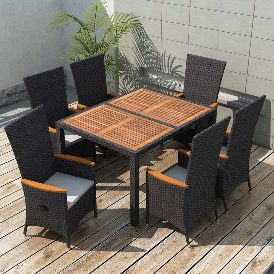 Set Mobilier De Exterior 7 Piese Negru Poliratan Lemn De Acacia