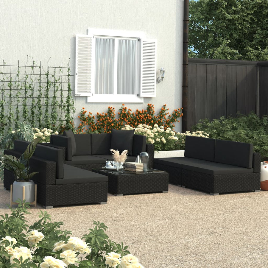 Set Mobilier De Grădină Cu Perne, 7 Piese, Negru, Poliratan