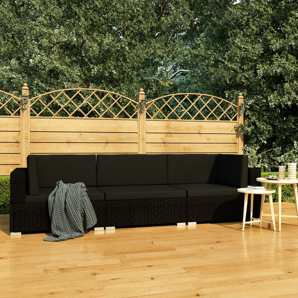 Set Mobilier De Grădină Cu Perne, 3 Piese, Negru, Poliratan