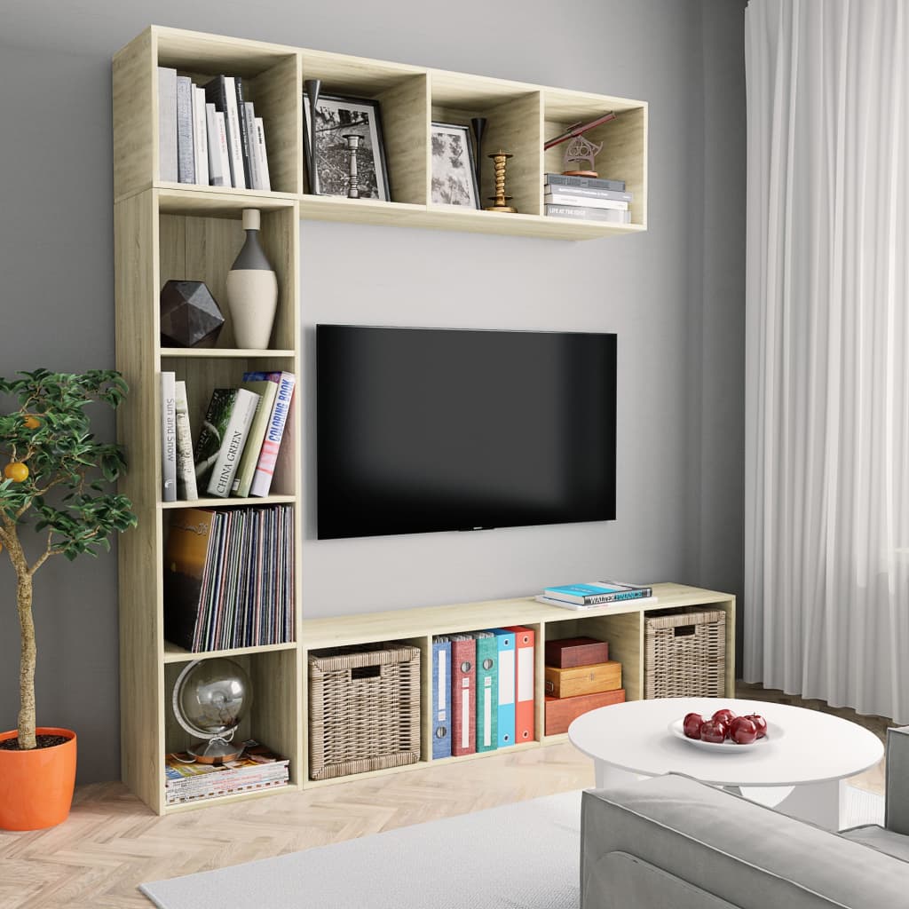 Set Dulap Tv/Cărți, 3 Piese, Stejar Maro, 180X30X180 Cm