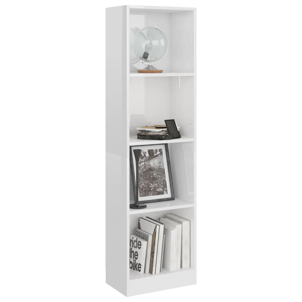 Bibliotecă 4 Rafturi, Alb Lucios, 40X24X, Lemn Prelucrat
