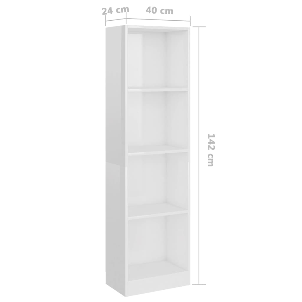 Bibliotecă 4 Rafturi, Alb Lucios, 40X24X, Lemn Prelucrat