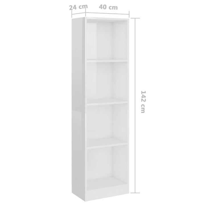 Bibliotecă 4 Rafturi, Alb Lucios, 40X24X, Lemn Prelucrat