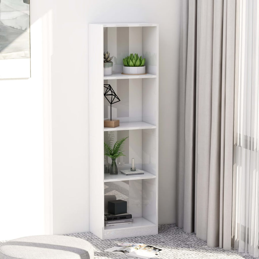 Bibliotecă 4 Rafturi, Alb Lucios, 40X24X, Lemn Prelucrat