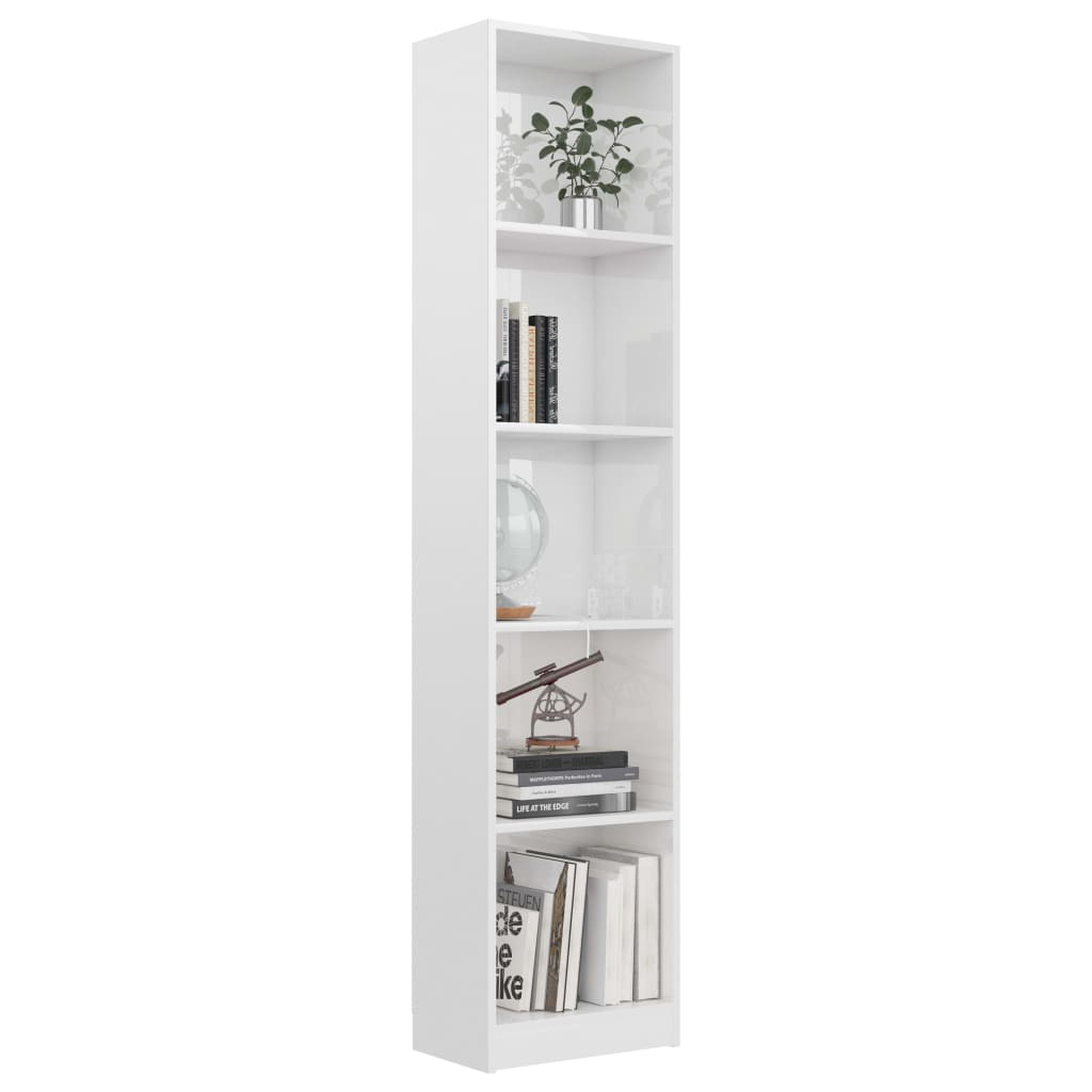 Bibliotecă 5 Rafturi, Alb Lucios, 40X24X, Lemn Prelucrat