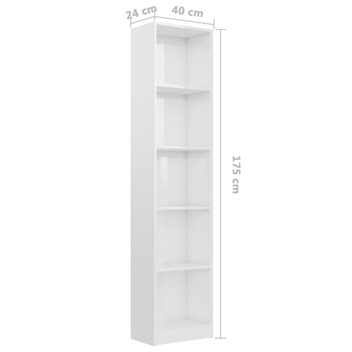 Bibliotecă 5 Rafturi, Alb Lucios, 40X24X, Lemn Prelucrat