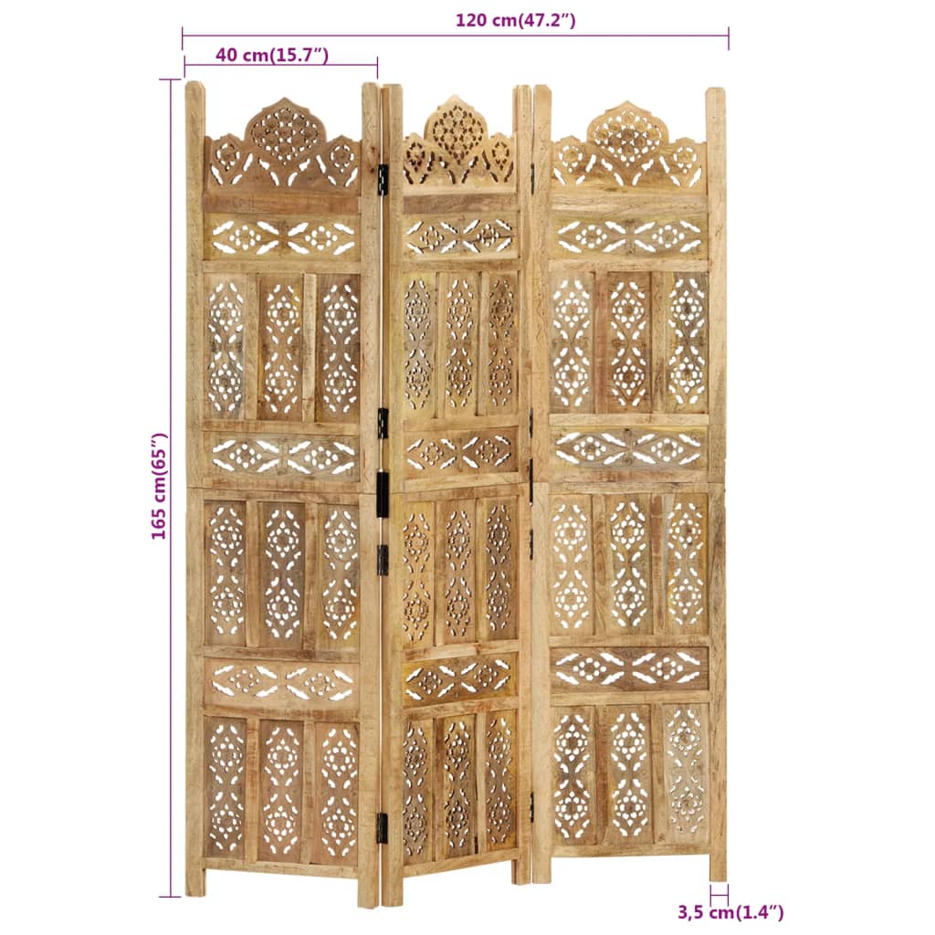 Paravan Cameră Sculptat Manual 3 Panouri 120X165 Cm Mango