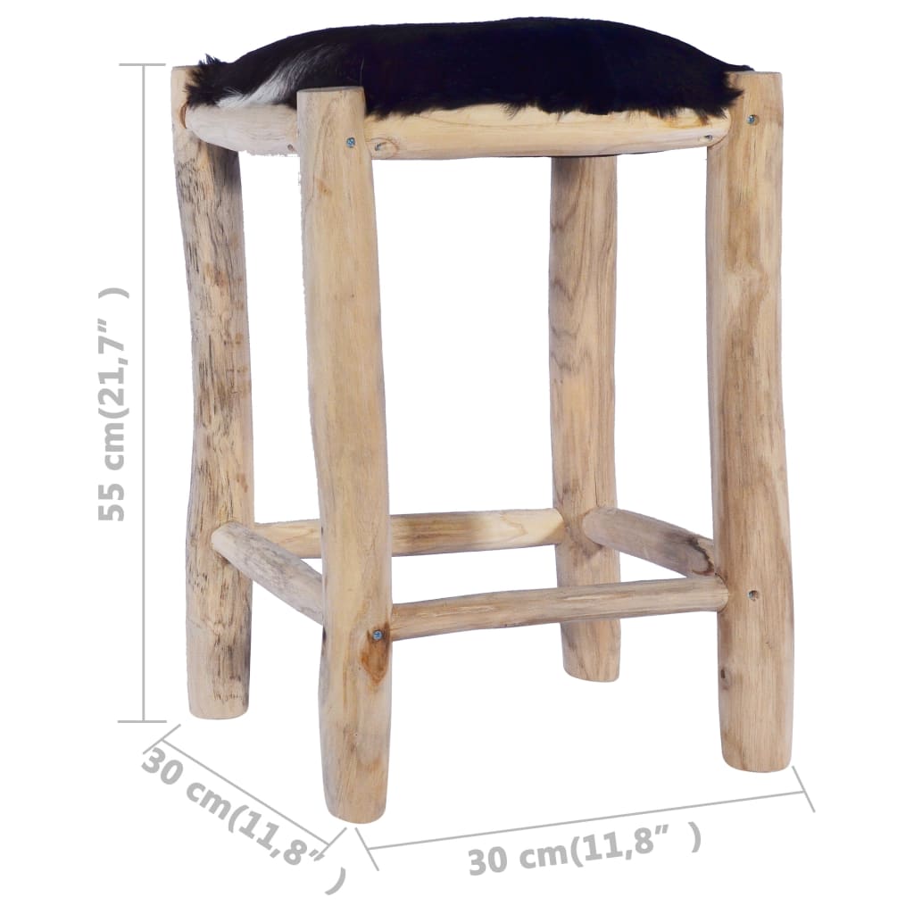 Taburet De Bar, Piele Naturală Și Lemn Masiv De Tec