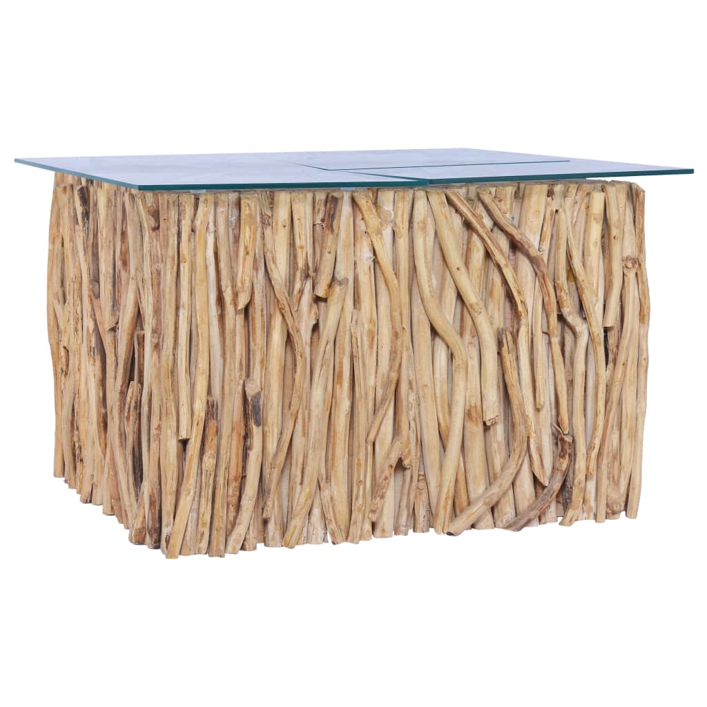 Măsuță De Cafea Cu Blat De Sticlă, 66X66X40 Cm, Lemn Masiv Tec