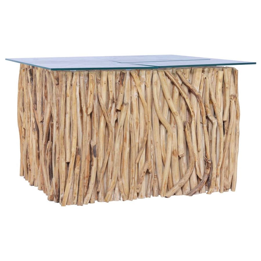 Măsuță De Cafea Cu Blat De Sticlă, 66X66X40 Cm, Lemn Masiv Tec