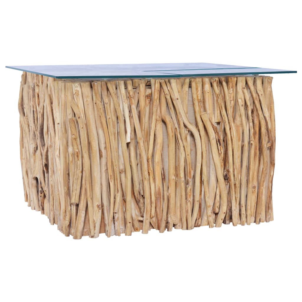 Măsuță De Cafea Cu Blat De Sticlă, 66X66X40 Cm, Lemn Masiv Tec
