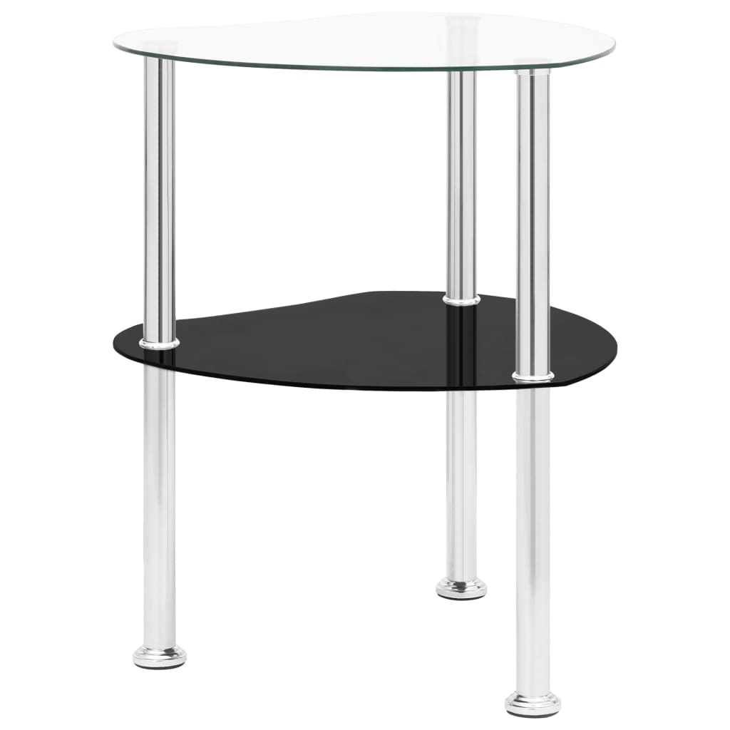 Masă Laterală 2 Niv. Transparent/Negru Marmură 38 Cm Sticlă