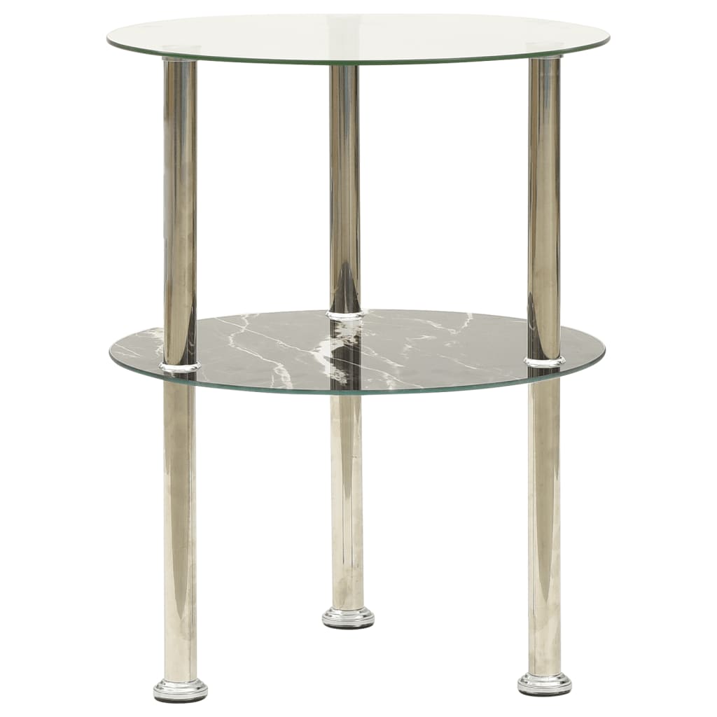 Masă Laterală 2 Niv. Transparent/Negru Marmură 38 Cm Sticlă