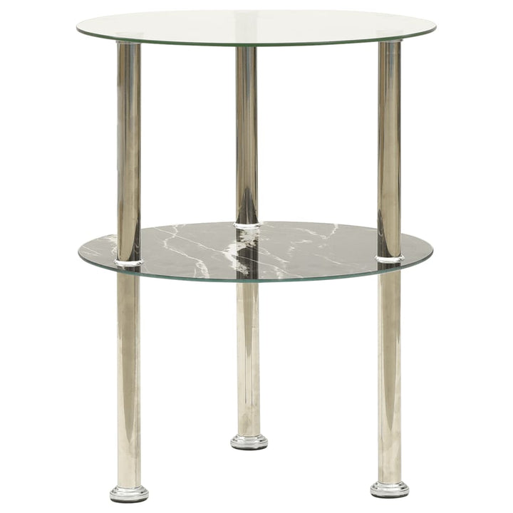 Masă Laterală 2 Niv. Transparent/Negru Marmură 38 Cm Sticlă
