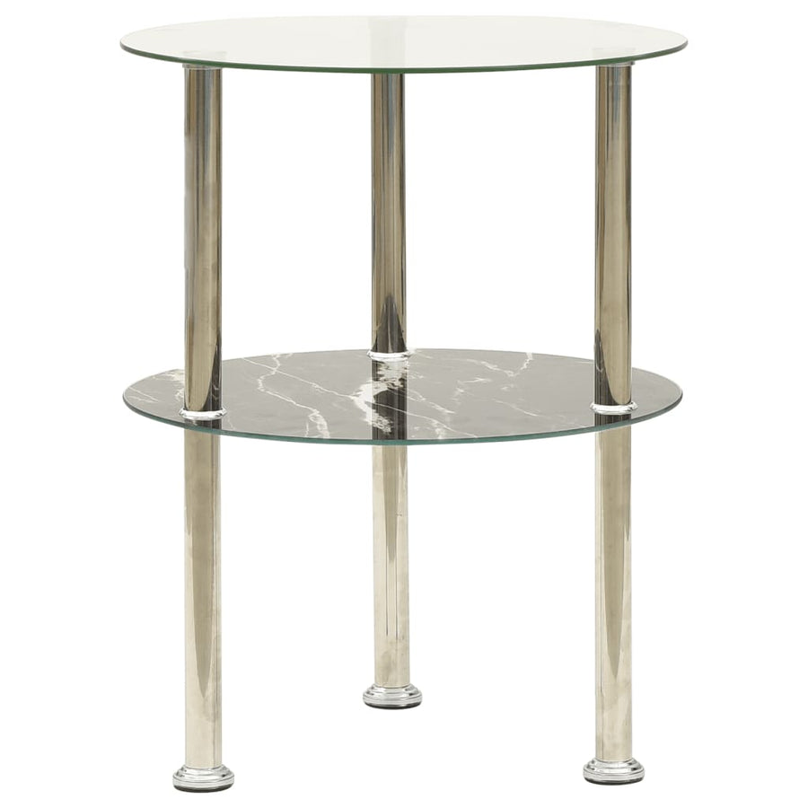 Masă Laterală 2 Niv. Transparent/Negru Marmură 38 Cm Sticlă