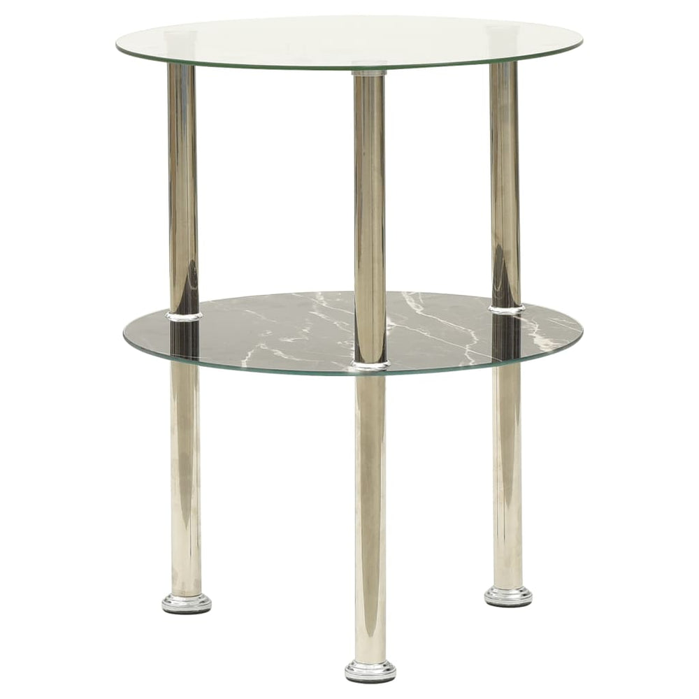 Masă Laterală 2 Niv. Transparent/Negru Marmură 38 Cm Sticlă