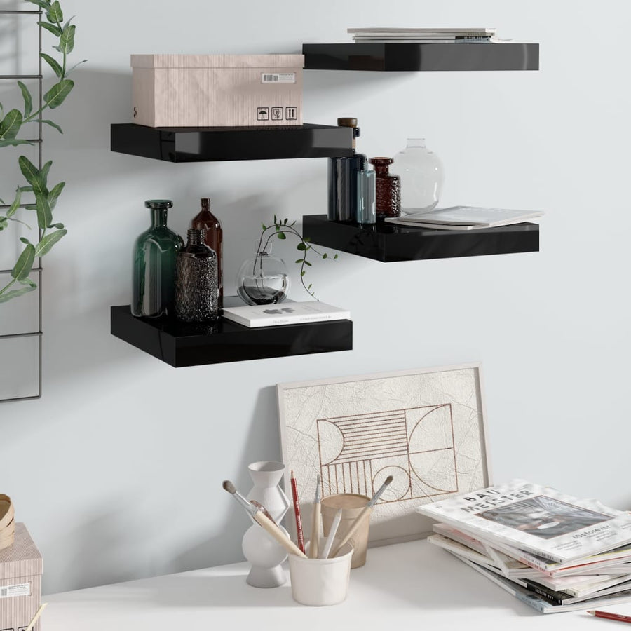 Rafturi De Perete 4 Buc. Negru Extralucios 23X23,5X3,8 Cm, Mdf Negru Foarte Lucios