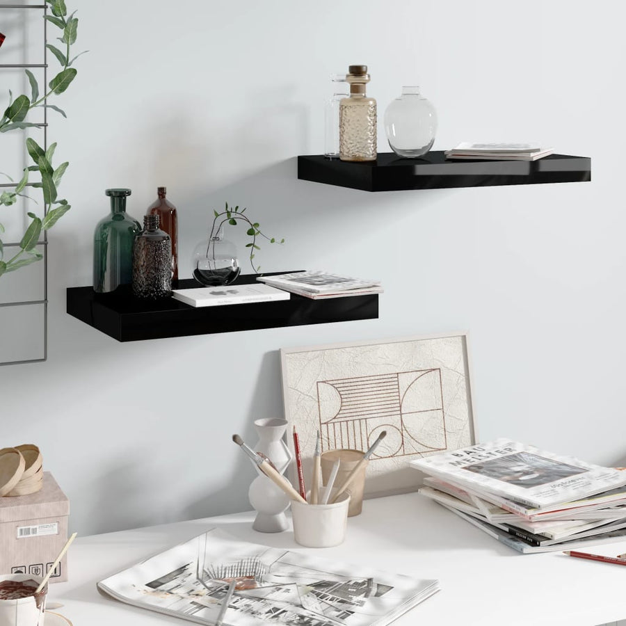 Rafturi De Perete, 2 Buc., Negru Extralucios, 40X23X3,8 Cm, Mdf Negru Foarte Lucios