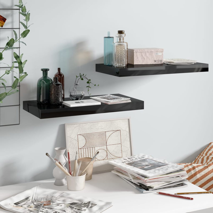 Rafturi De Perete, 2 Buc., Negru Extralucios, 50X23X3,8 Cm, Mdf Negru Foarte Lucios